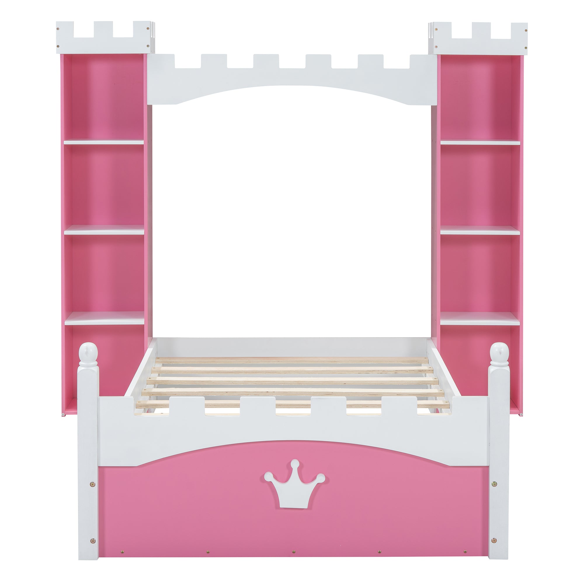 Castle-Shaped Wooden Bed with Storage Shelf, Dreamy Twin Size Platform Bed for Kids Bedroom, Pink+ White(Expected Arrival Time:8.14)