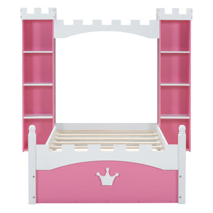 Castle-Shaped Wooden Bed with Storage Shelf, Dreamy Twin Size Platform Bed for Kids Bedroom, Pink+ White(Expected Arrival Time:8.14)