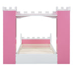 Castle-Shaped Wooden Bed with Storage Shelf, Dreamy Twin Size Platform Bed for Kids Bedroom, Pink+ White(Expected Arrival Time:8.14)