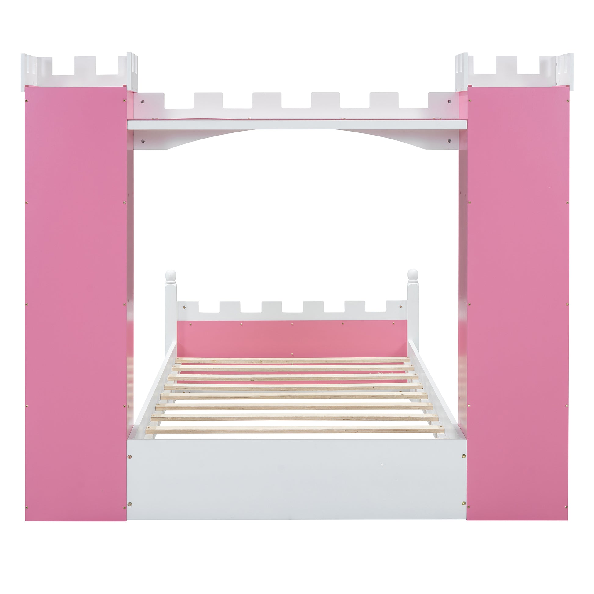 Castle-Shaped Wooden Bed with Storage Shelf, Dreamy Twin Size Platform Bed for Kids Bedroom, Pink+ White(Expected Arrival Time:8.14)