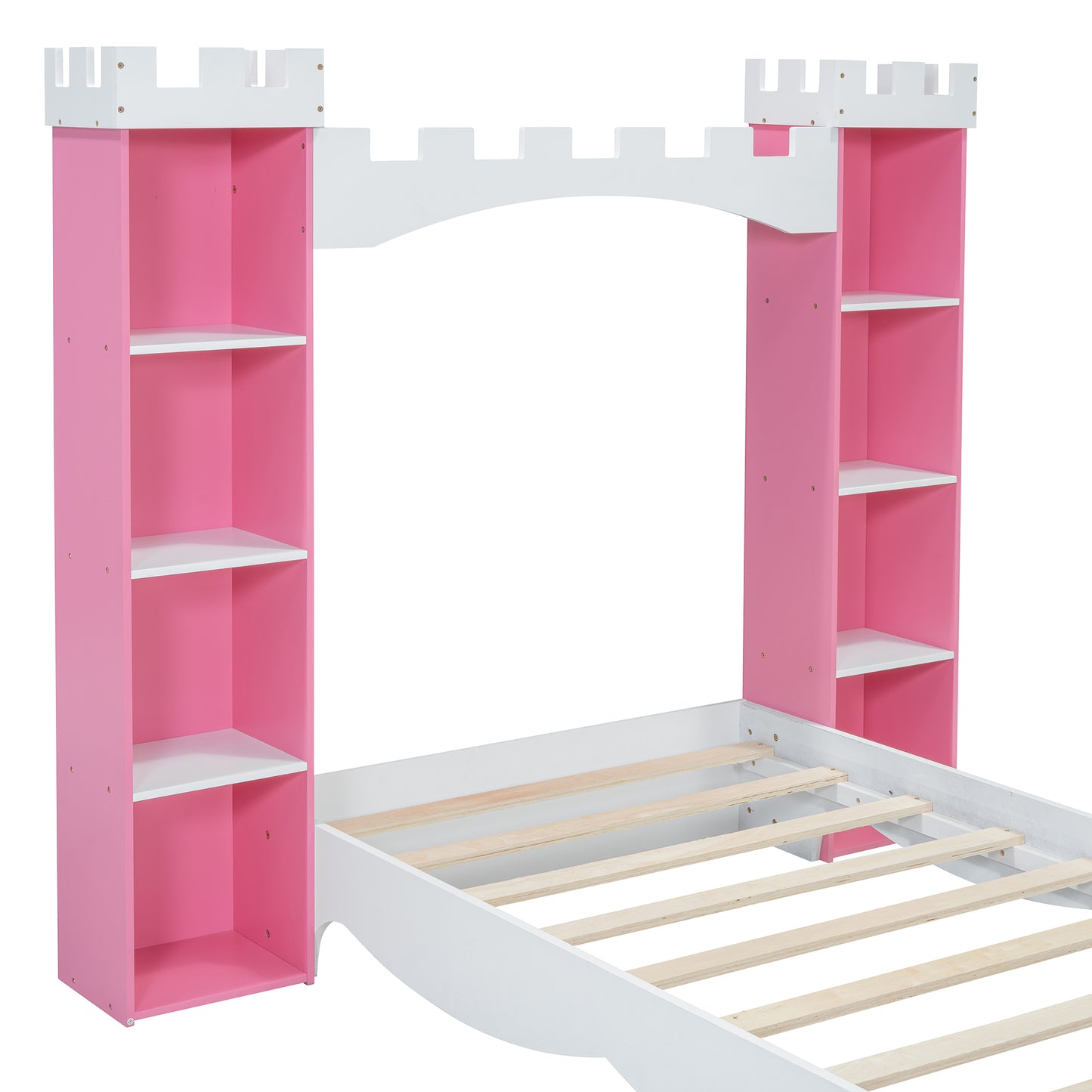 Castle-Shaped Wooden Bed with Storage Shelf, Dreamy Twin Size Platform Bed for Kids Bedroom, Pink+ White(Expected Arrival Time:8.14)