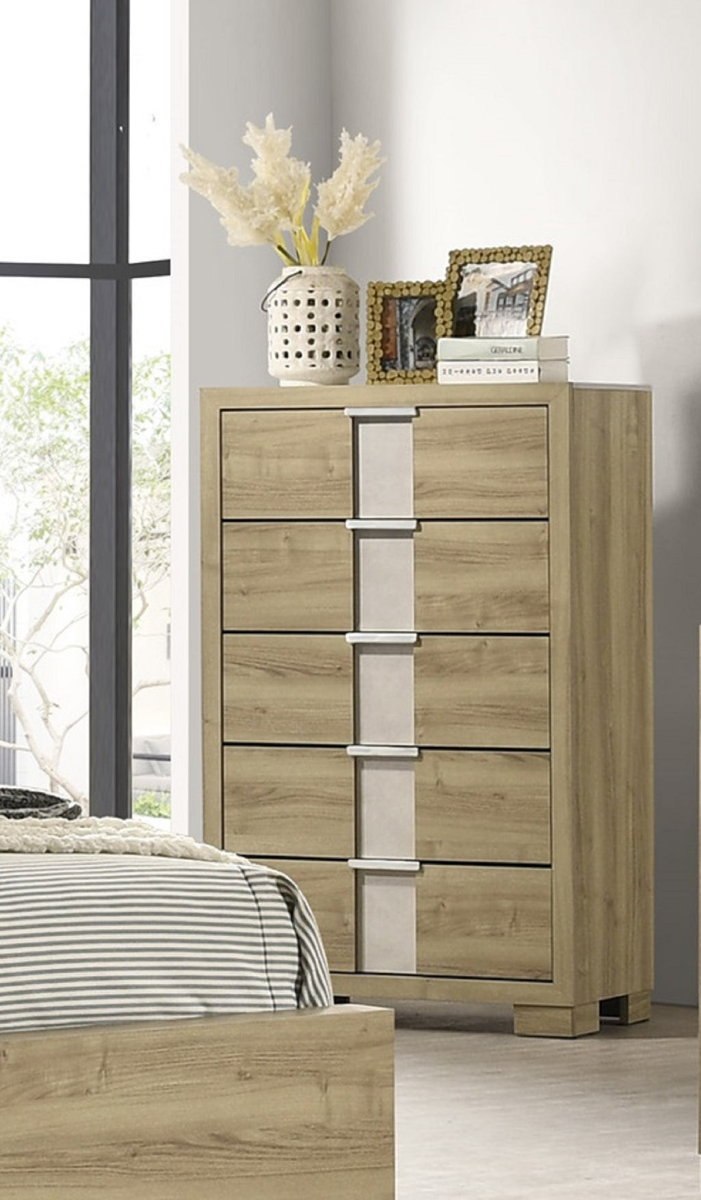 Driftwood Five-Drawer Tall Chest Wooden Bedroom Furniture.