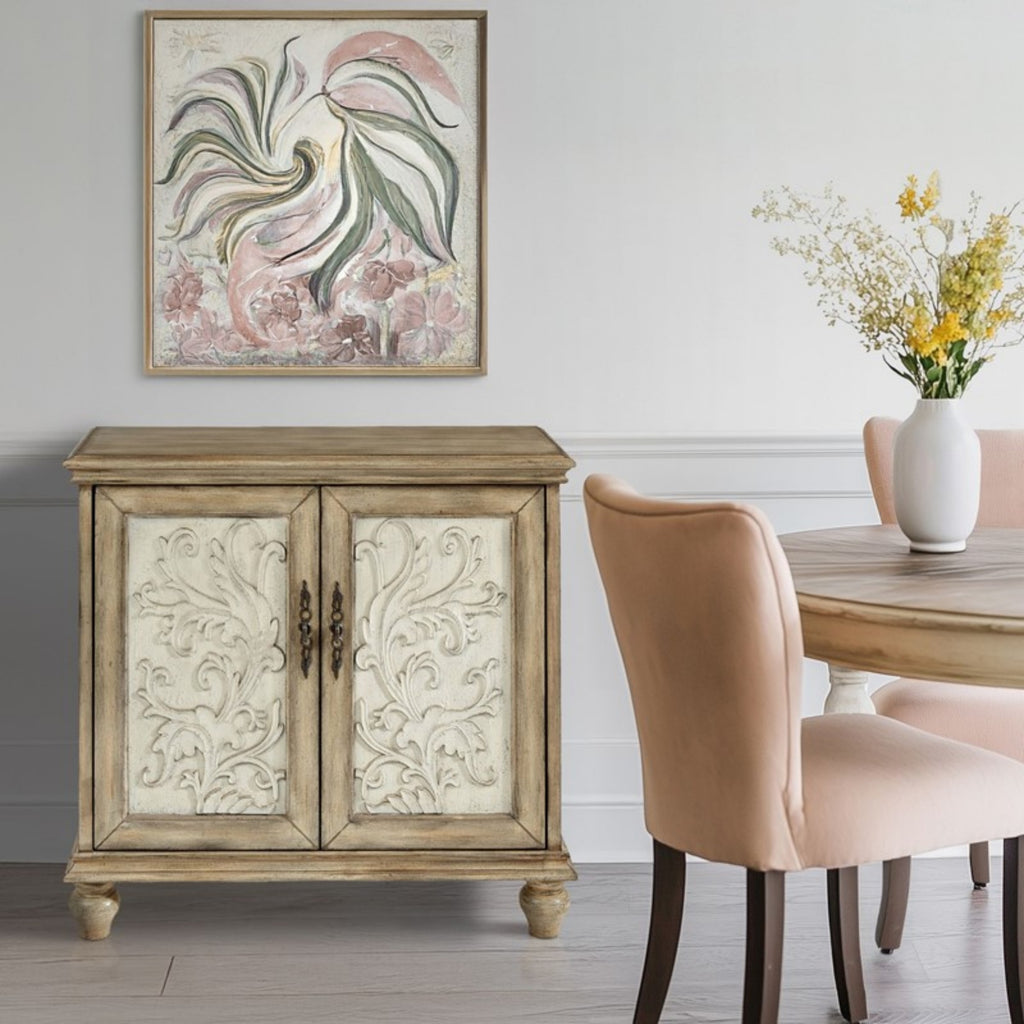 Driscoll 2-Door Cabinet with Floral Design and Natural Wood Finish Storage Cabinet