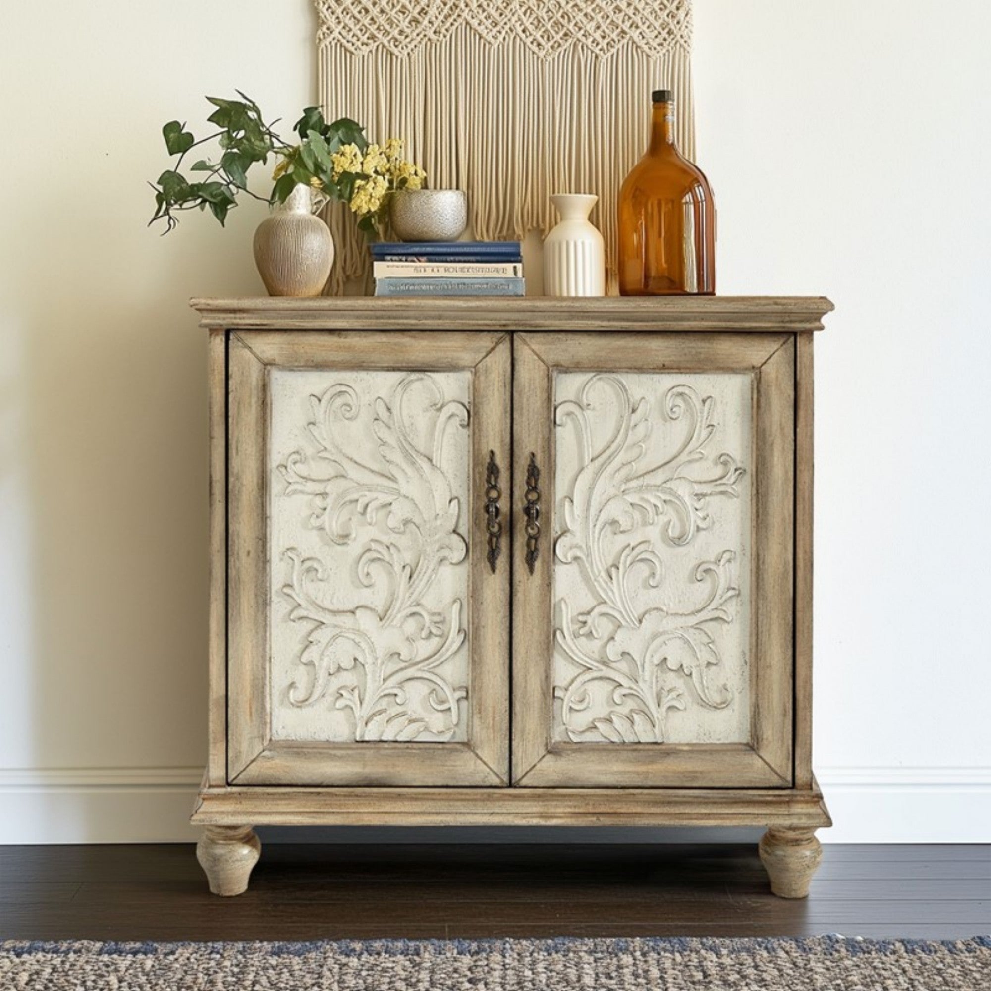 Driscoll 2-Door Cabinet with Floral Design and Natural Wood Finish Storage Cabinet
