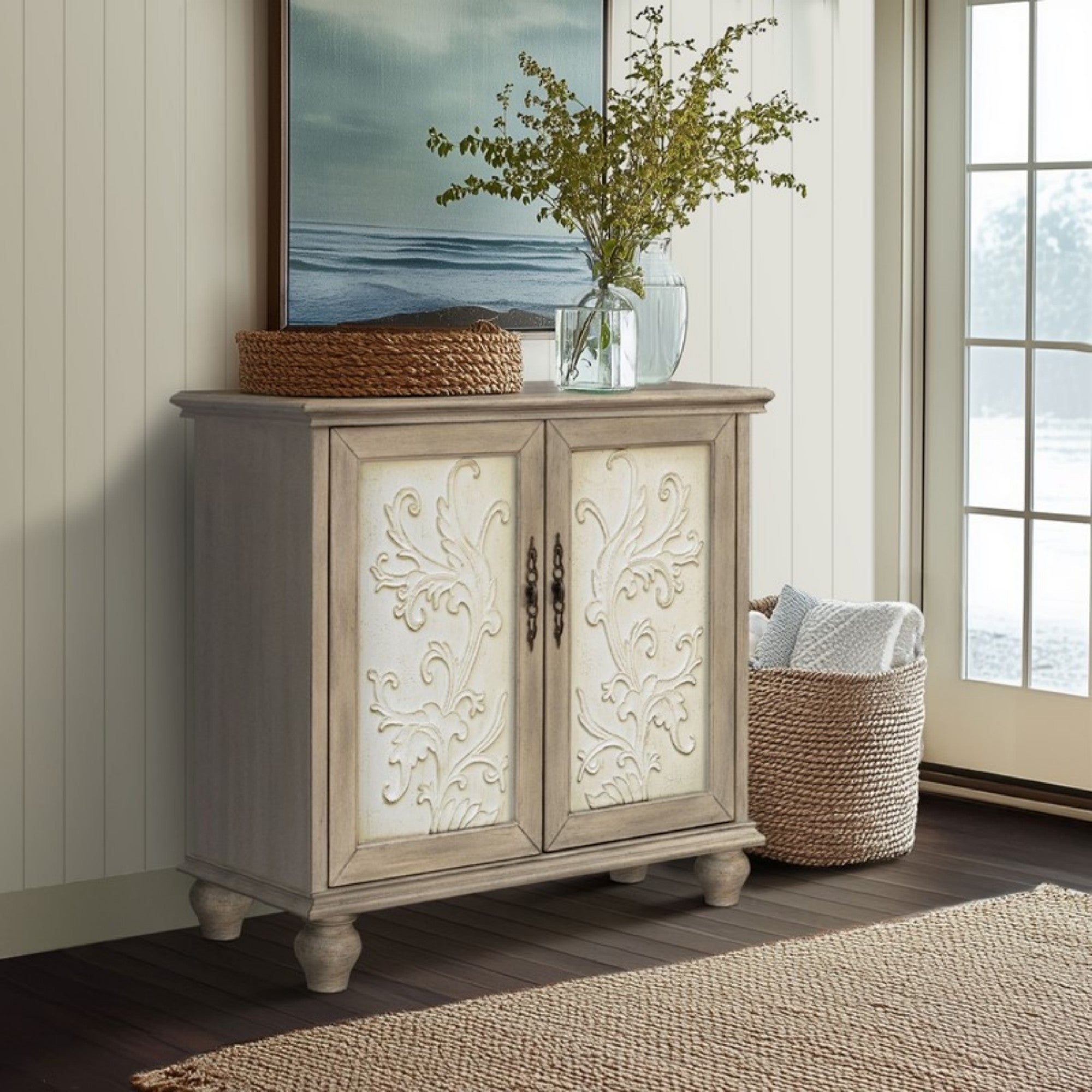 Driscoll 2-Door Cabinet with Floral Design and Natural Wood Finish Storage Cabinet