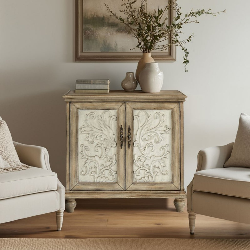 Driscoll 2-Door Cabinet with Floral Design and Natural Wood Finish Storage Cabinet