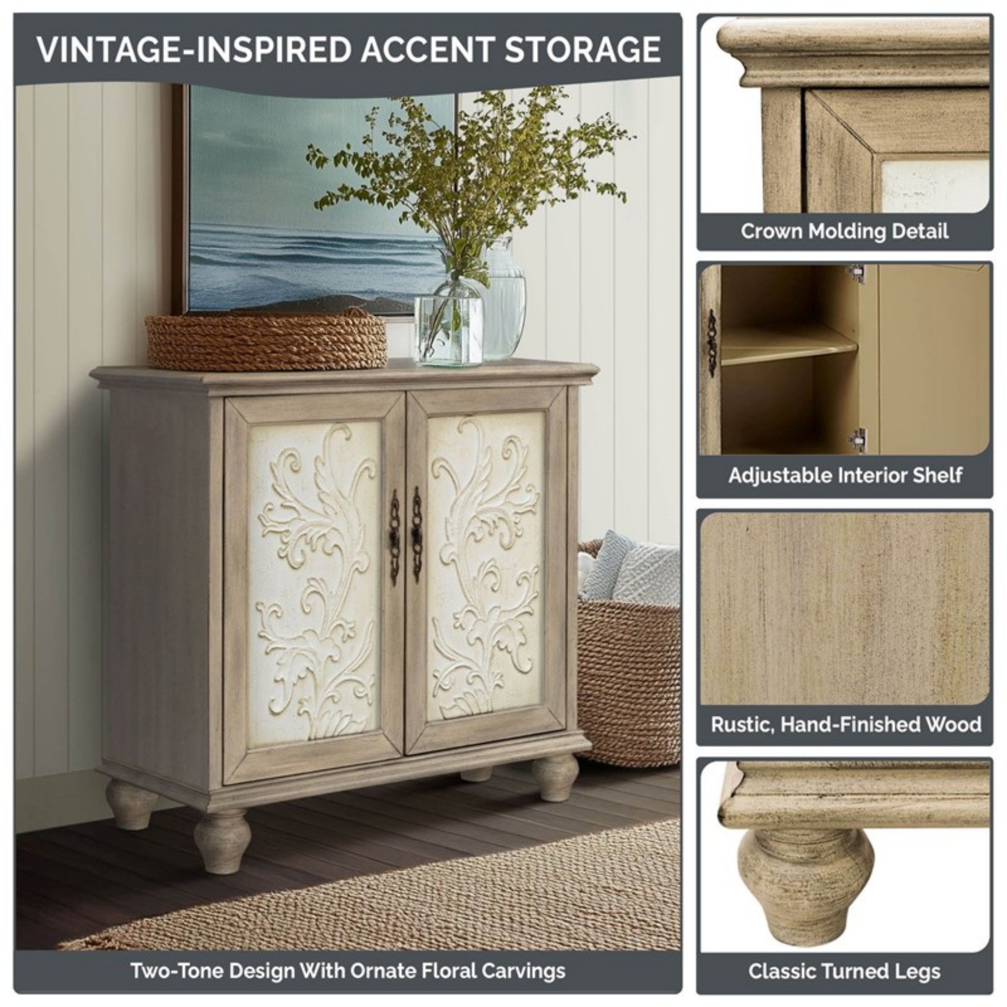 Driscoll 2-Door Cabinet with Floral Design and Natural Wood Finish Storage Cabinet