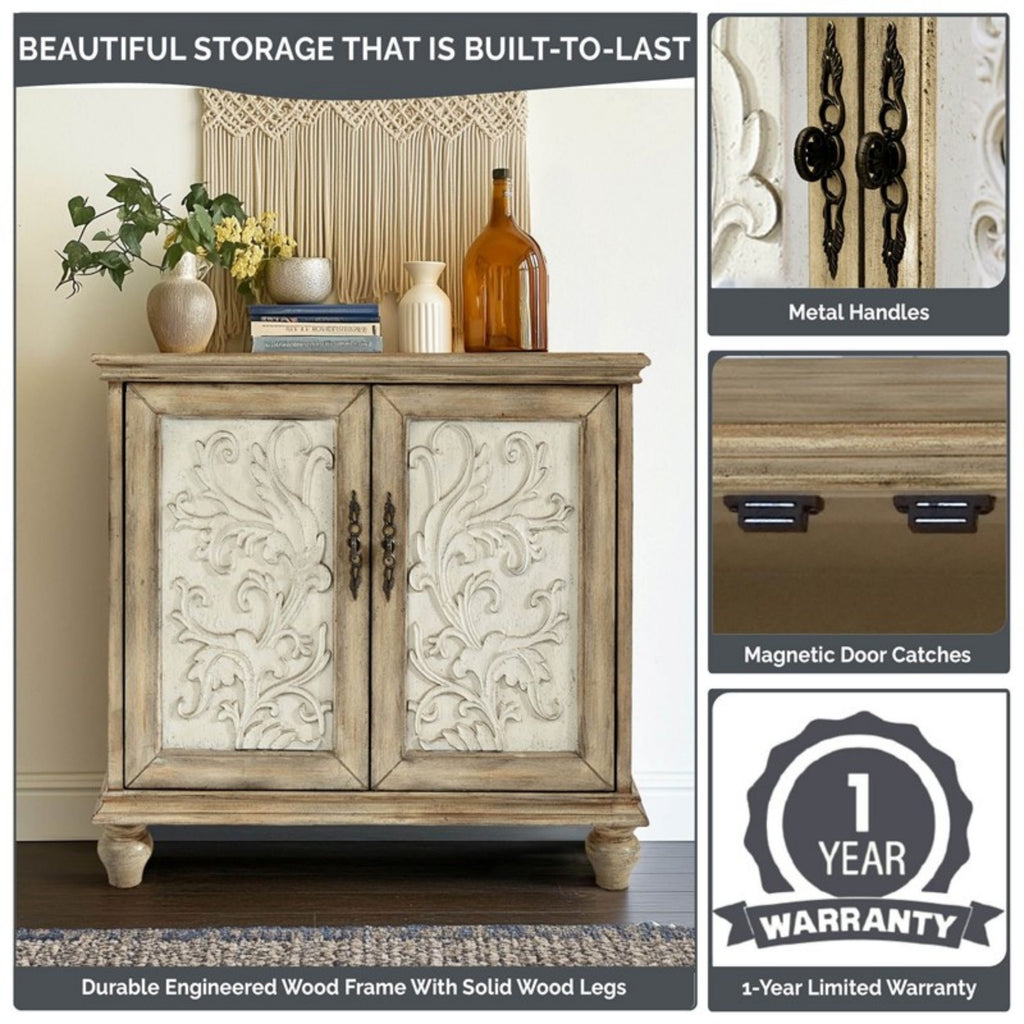 Driscoll 2-Door Cabinet with Floral Design and Natural Wood Finish Storage Cabinet