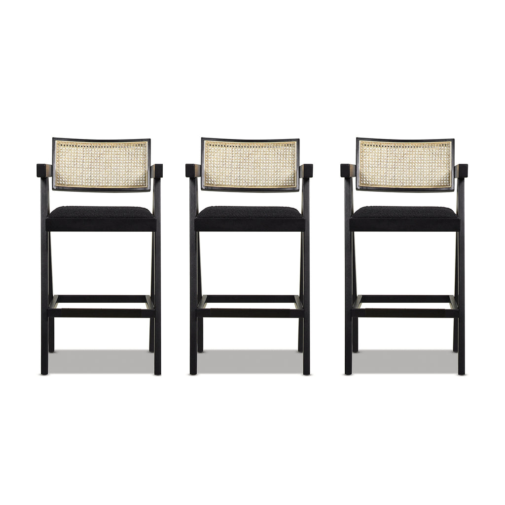 Milan 29.5' Modern Resin Webbing Back Bar Stool with Arms, Set of 3, Ebony Black Boucle