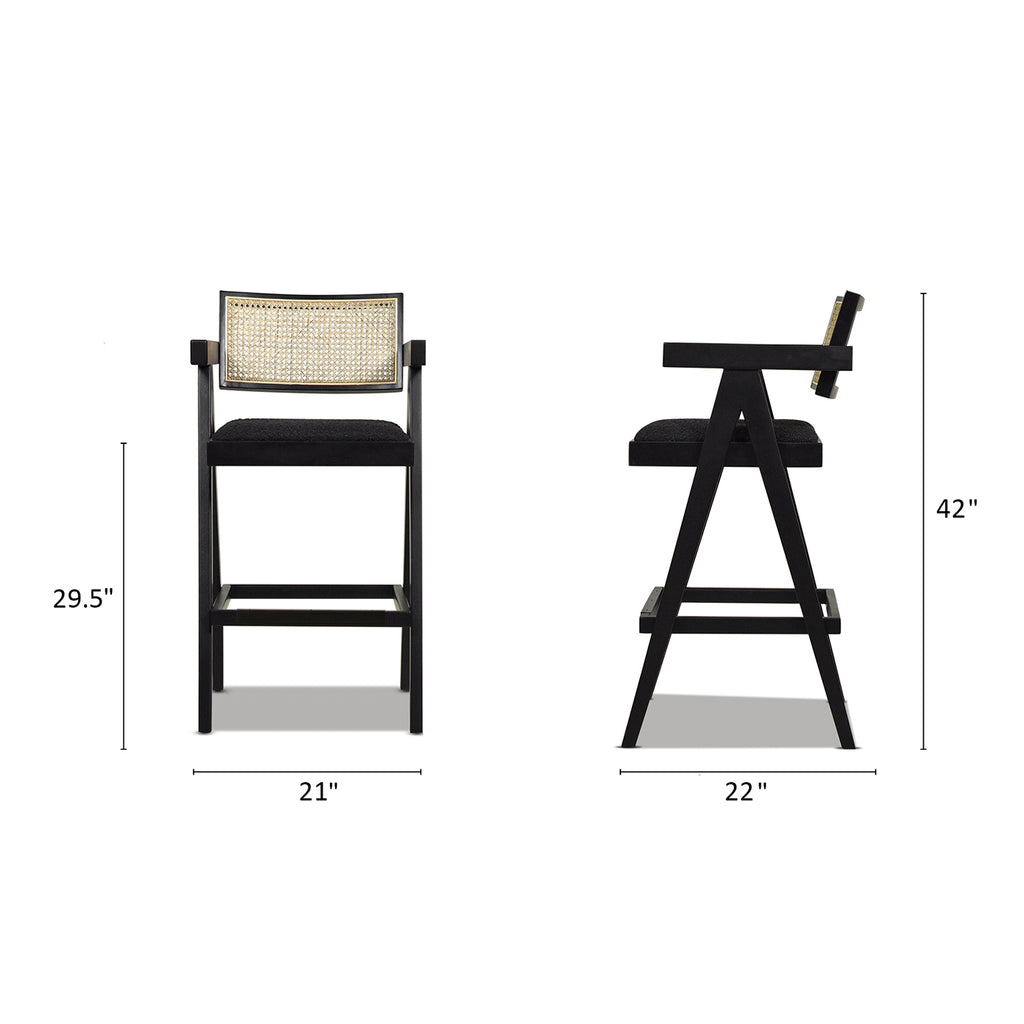 Milan 29.5' Modern Resin Webbing Back Bar Stool with Arms, Set of 3, Ebony Black Boucle