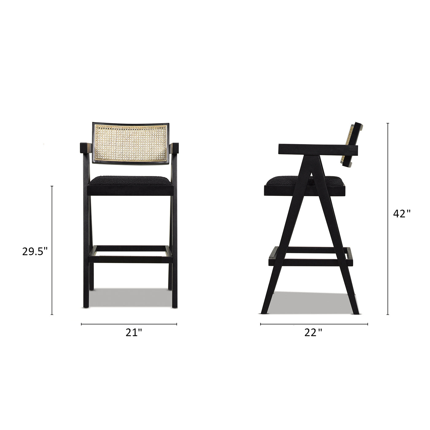 Milan 29.5' Modern Resin Webbing Back Bar Stool with Arms, Set of 3, Ebony Black Boucle