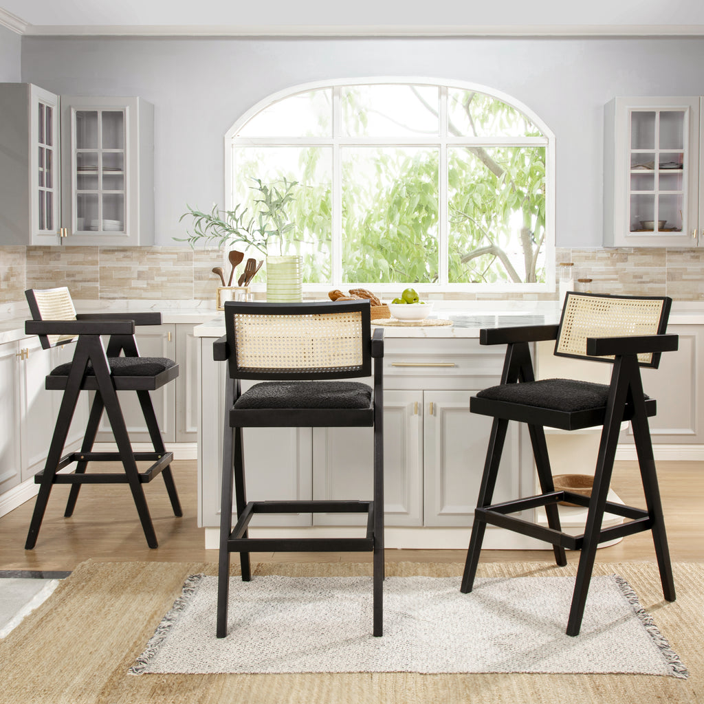 Milan 29.5' Modern Resin Webbing Back Bar Stool with Arms, Set of 3, Ebony Black Boucle
