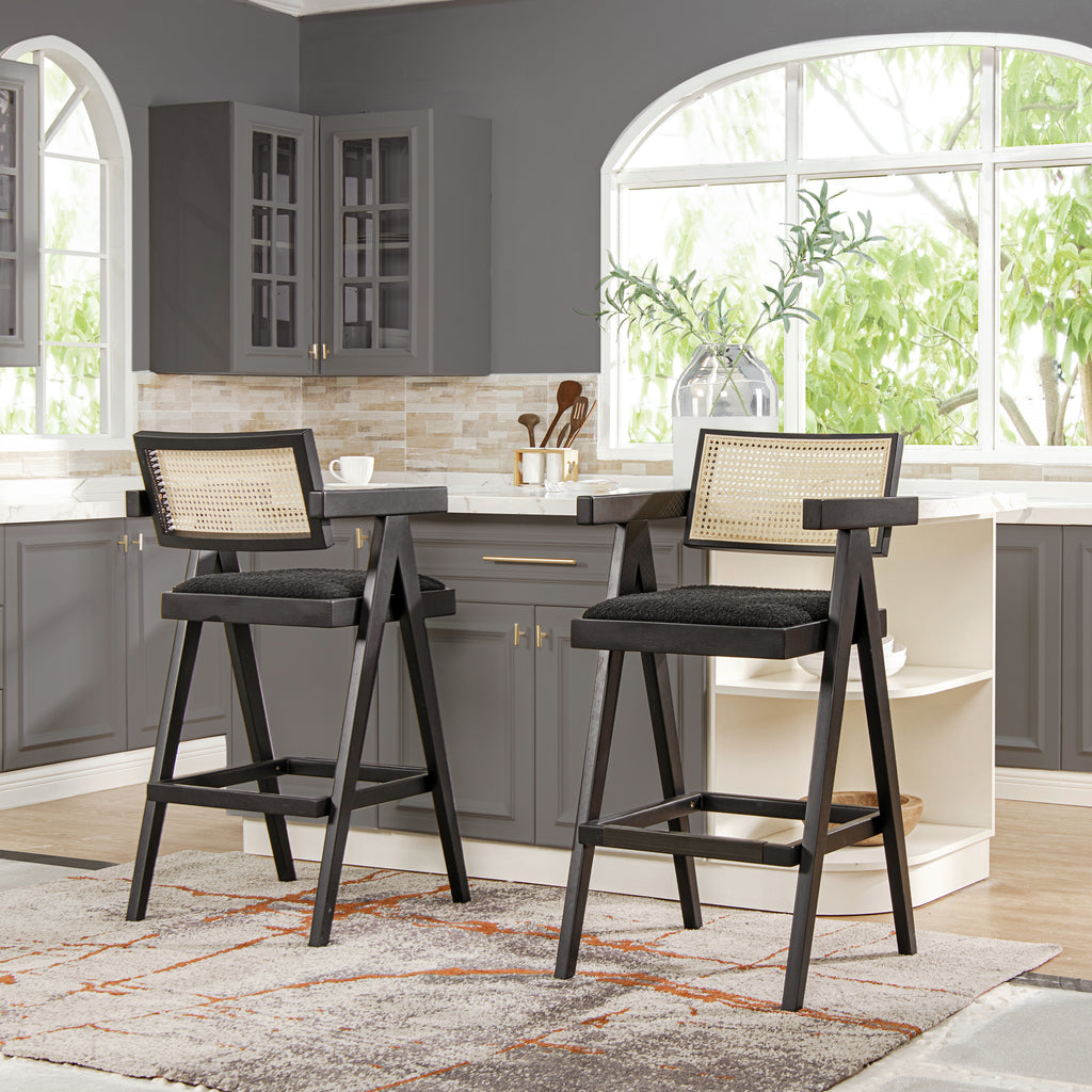 Milan 29.5' Modern Resin Webbing Back Bar Stool with Arms, Set of 3, Ebony Black Boucle