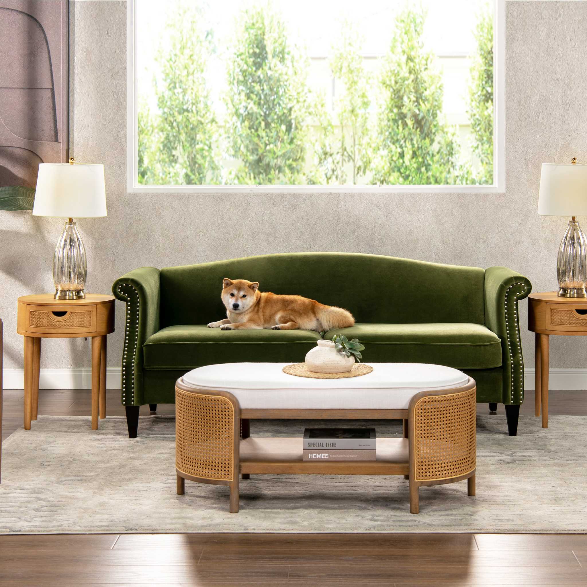 Elaine 77' Camel Back Small Space Sofa, Olive Green Performance Velvet