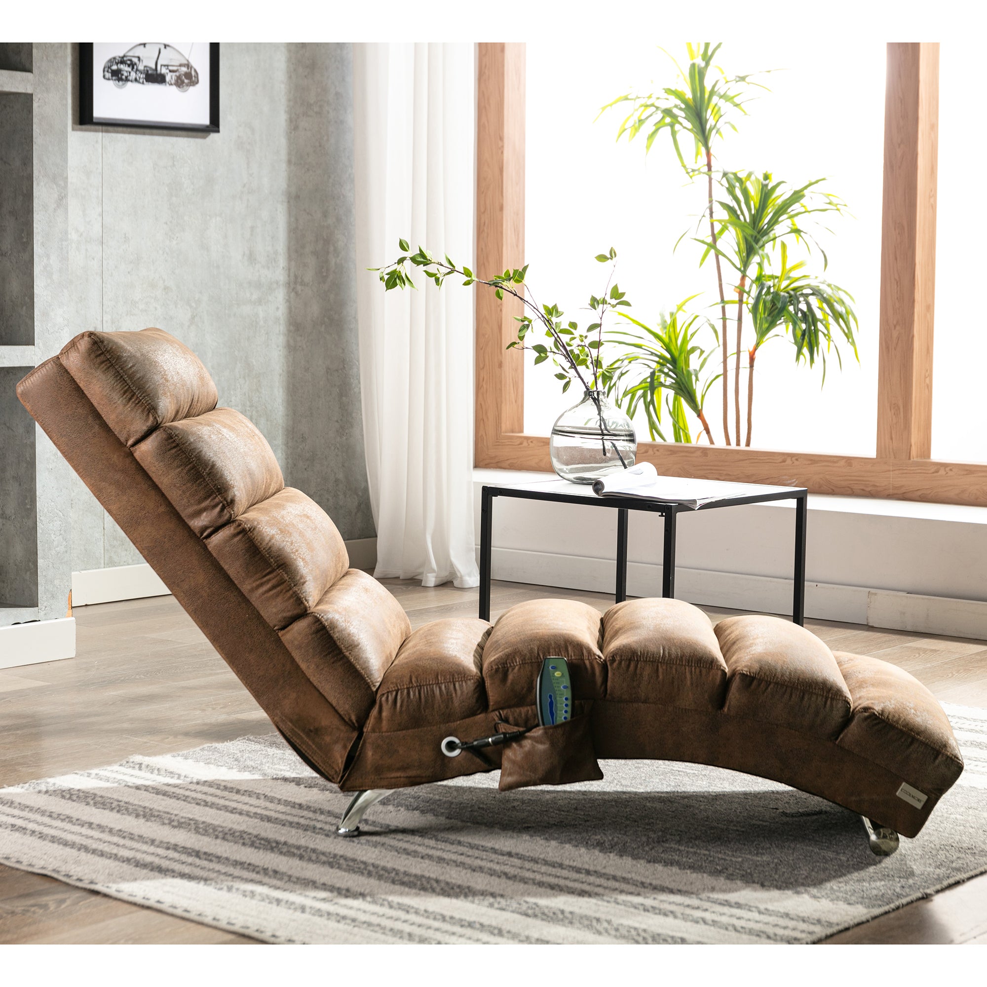 Linen Massage Chaise Lounge Indoor with Remote Control, Ergonomic Electric Massage Long Lounger, Coffee
