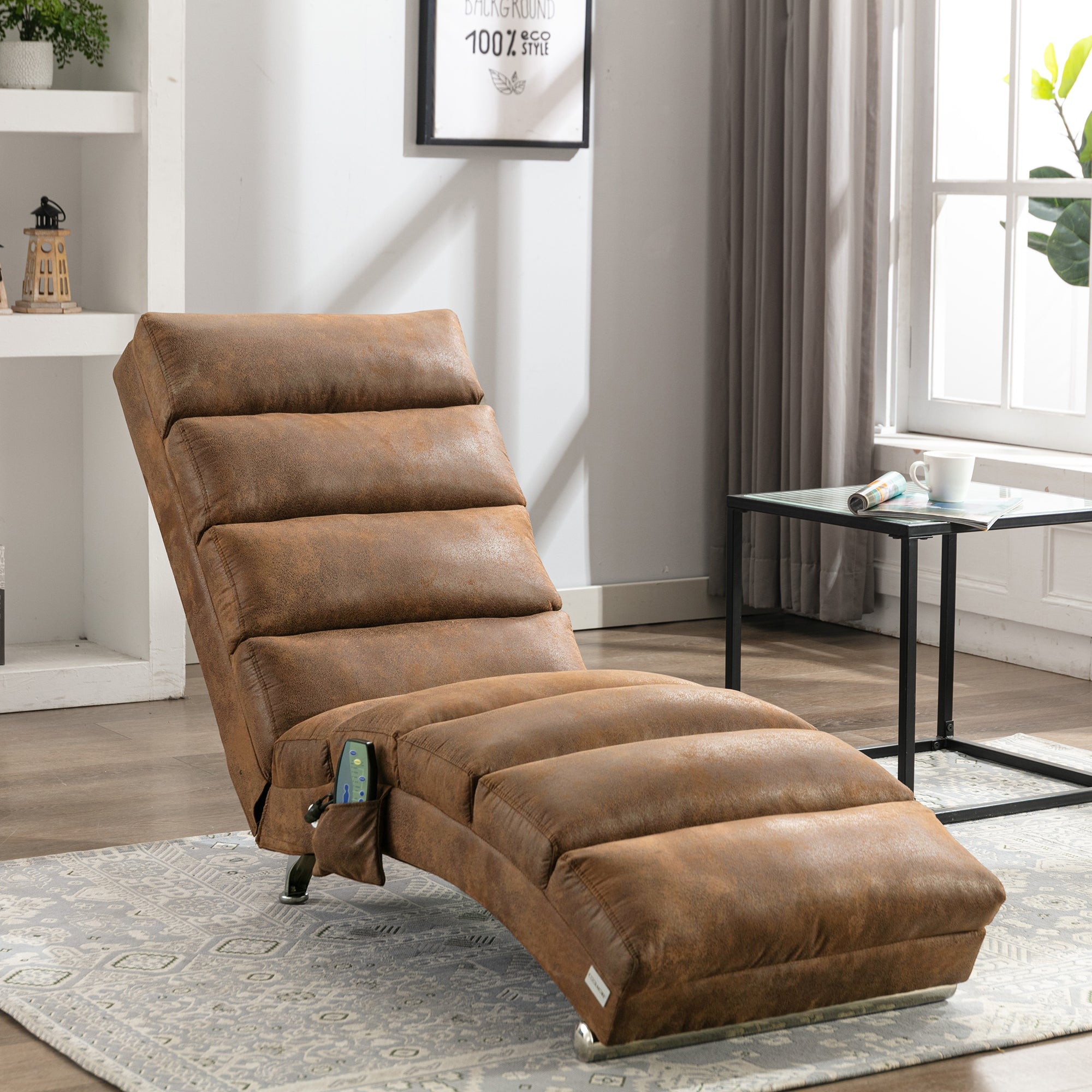 Linen Massage Chaise Lounge Indoor with Remote Control, Ergonomic Electric Massage Long Lounger, Coffee