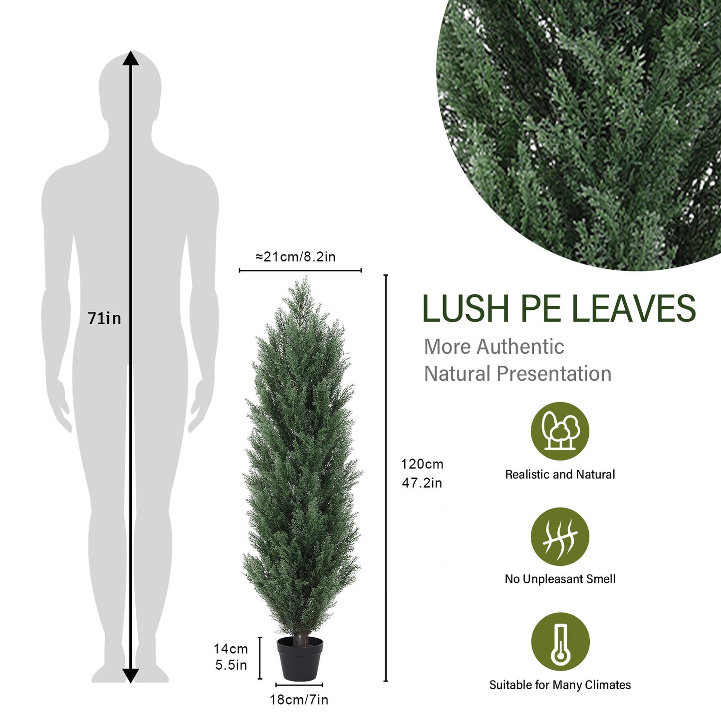 120cm Artificial Green Pine Cypress Tree Realistic Plastic Faux Plant for Indoor and Outdoor Decoration 2pcs/set