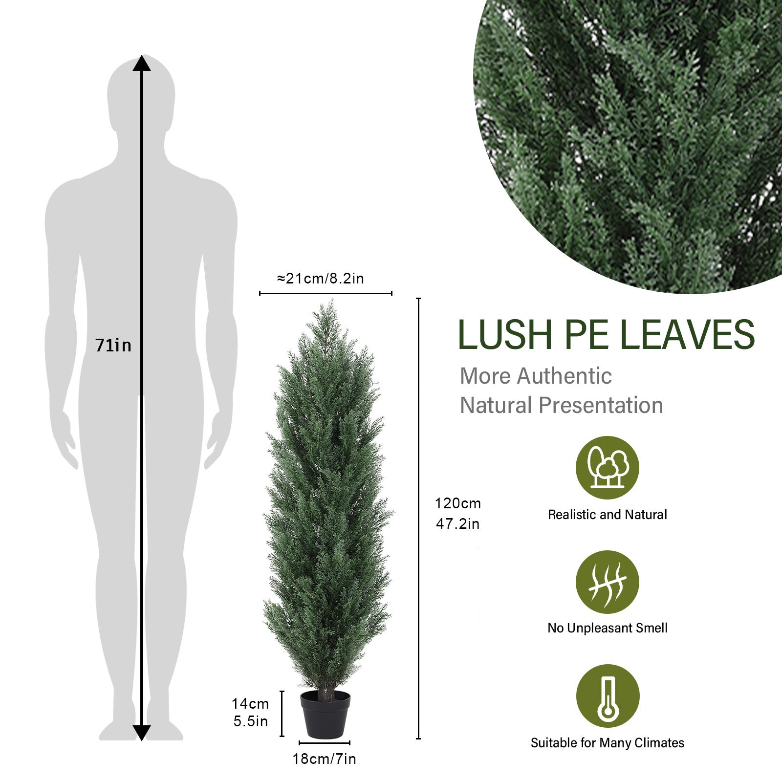 120cm Artificial Green Pine Cypress Tree Realistic Plastic Faux Plant for Indoor and Outdoor Decoration 2pcs/set