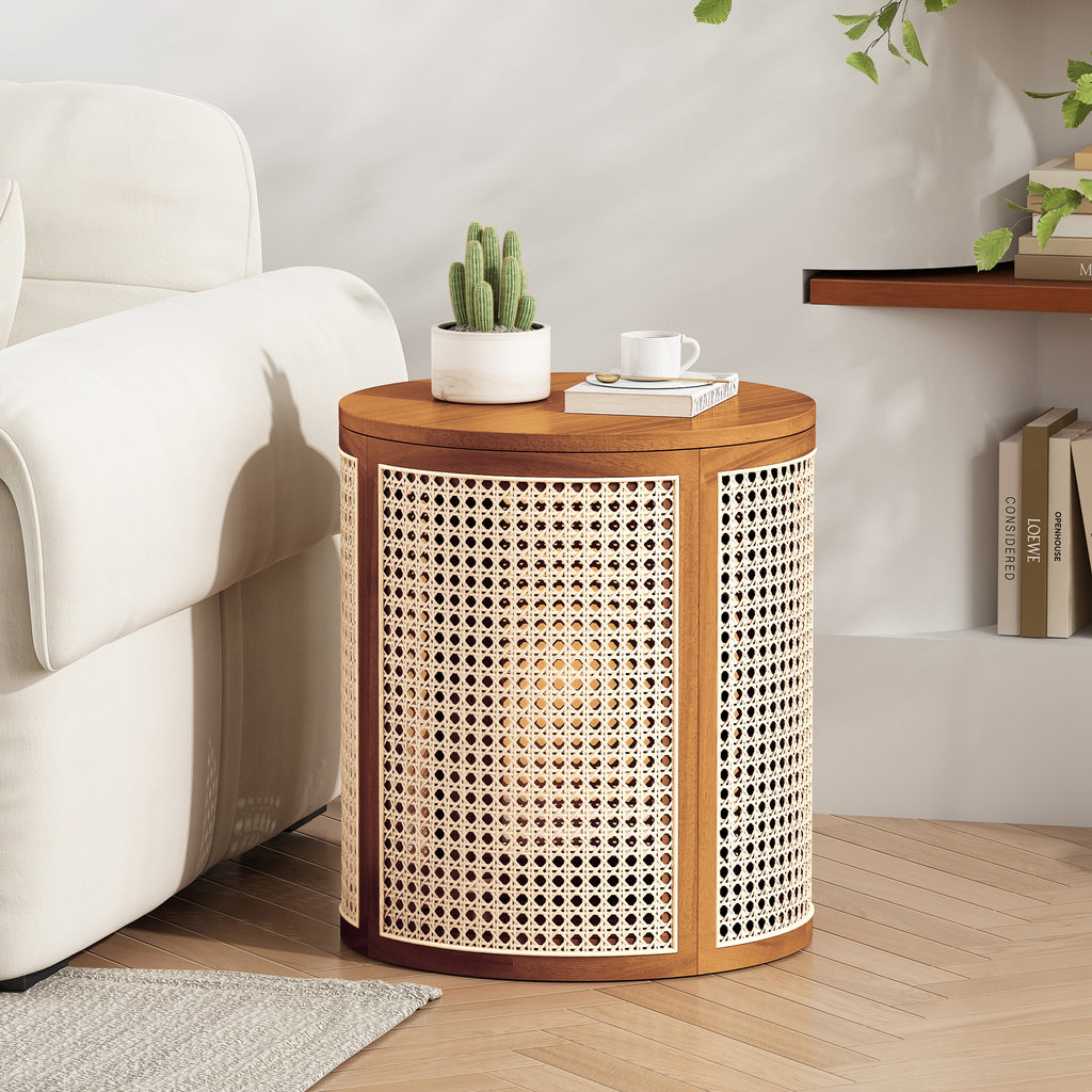 15.70' Round End Table, Hollow Woven Side Table, Small Rubber Wood Nightstand, Rattan Woven Tea Desk, Round Wood Tabletop, Chic Home Decor Desk, Easy Assembly, Ochre Color End Table
