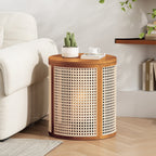 15.70' Round End Table, Hollow Woven Side Table, Small Rubber Wood Nightstand, Rattan Woven Tea Desk, Round Wood Tabletop, Chic Home Decor Desk, Easy Assembly, Ochre Color End Table