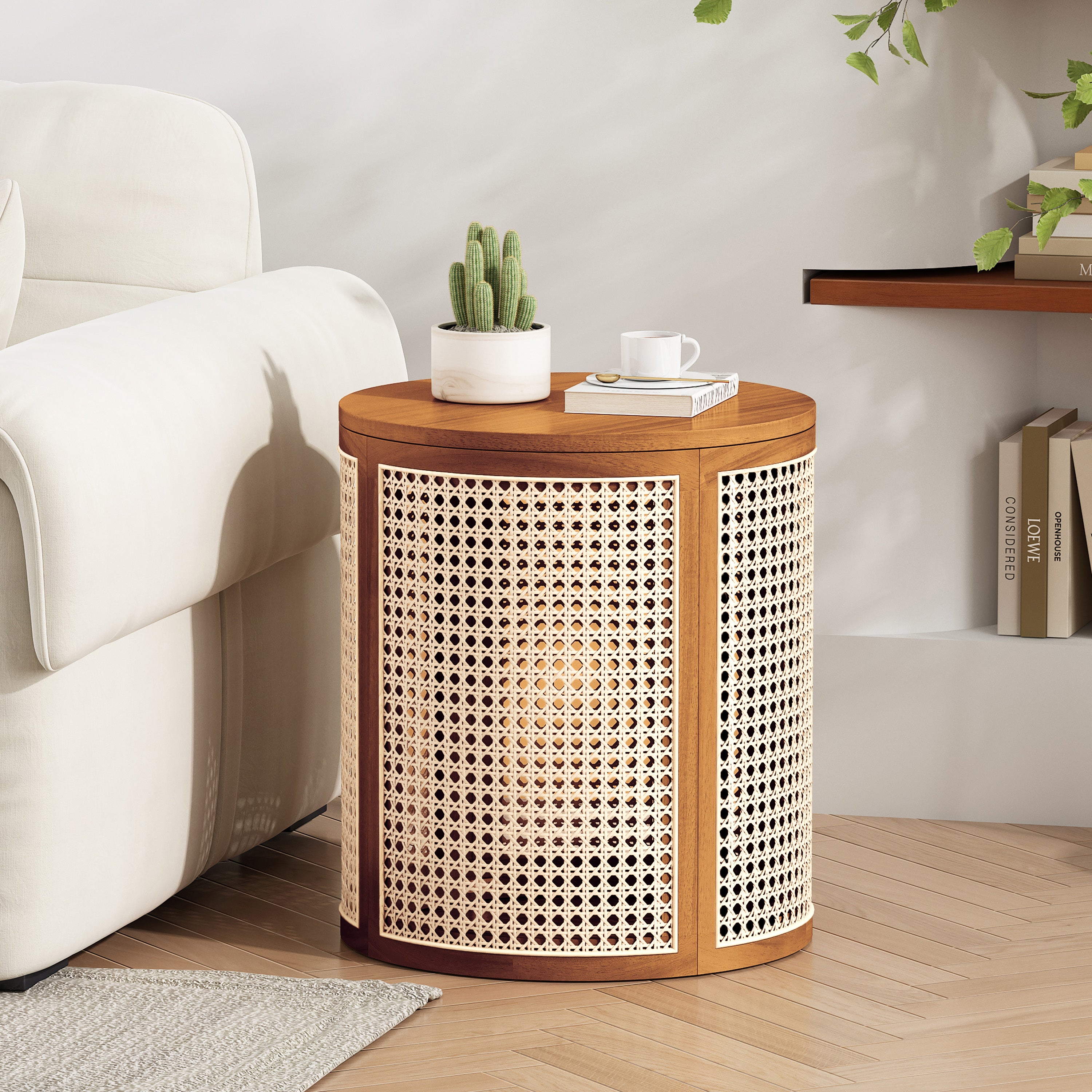 15.70' Round End Table, Hollow Woven Side Table, Small Rubber Wood Nightstand, Rattan Woven Tea Desk, Round Wood Tabletop, Chic Home Decor Desk, Easy Assembly, Ochre Color End Table