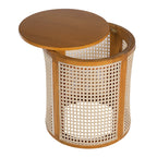 15.70' Round End Table, Hollow Woven Side Table, Small Rubber Wood Nightstand, Rattan Woven Tea Desk, Round Wood Tabletop, Chic Home Decor Desk, Easy Assembly, Ochre Color End Table