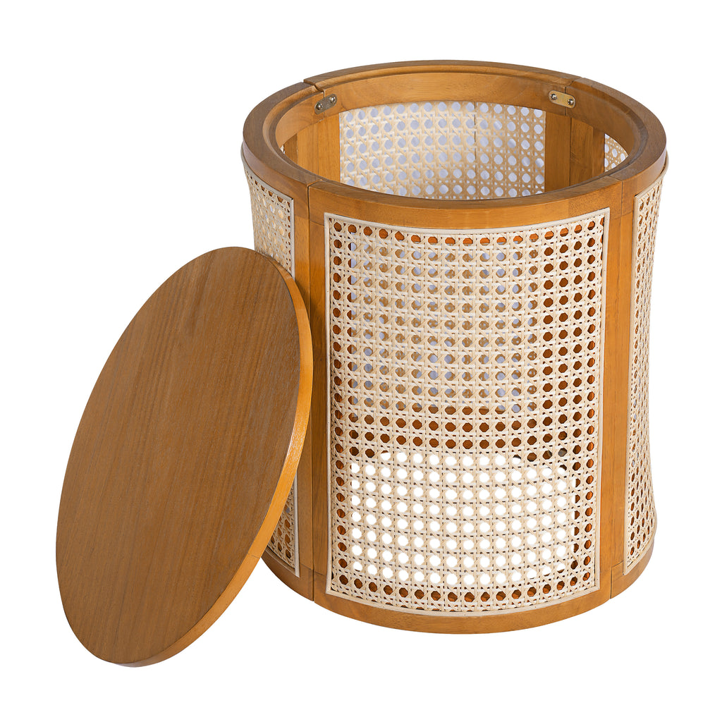 15.70' Round End Table, Hollow Woven Side Table, Small Rubber Wood Nightstand, Rattan Woven Tea Desk, Round Wood Tabletop, Chic Home Decor Desk, Easy Assembly, Ochre Color End Table