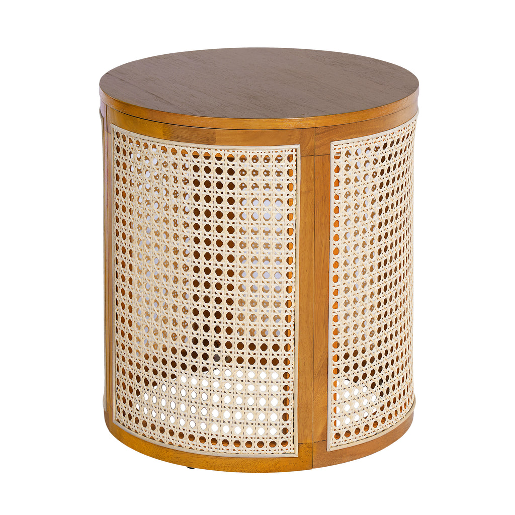 15.70' Round End Table, Hollow Woven Side Table, Small Rubber Wood Nightstand, Rattan Woven Tea Desk, Round Wood Tabletop, Chic Home Decor Desk, Easy Assembly, Ochre Color End Table