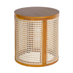 15.70' Round End Table, Hollow Woven Side Table, Small Rubber Wood Nightstand, Rattan Woven Tea Desk, Round Wood Tabletop, Chic Home Decor Desk, Easy Assembly, Ochre Color End Table