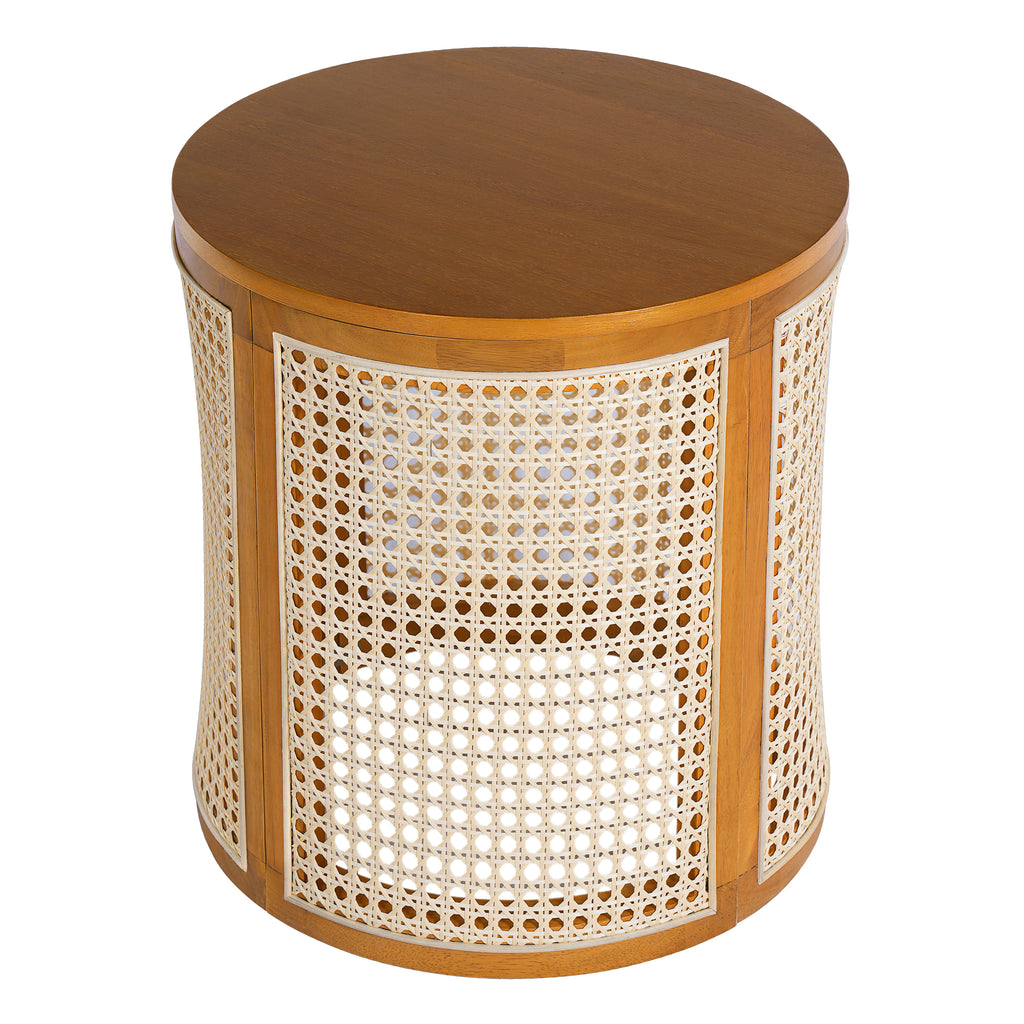 15.70' Round End Table, Hollow Woven Side Table, Small Rubber Wood Nightstand, Rattan Woven Tea Desk, Round Wood Tabletop, Chic Home Decor Desk, Easy Assembly, Ochre Color End Table