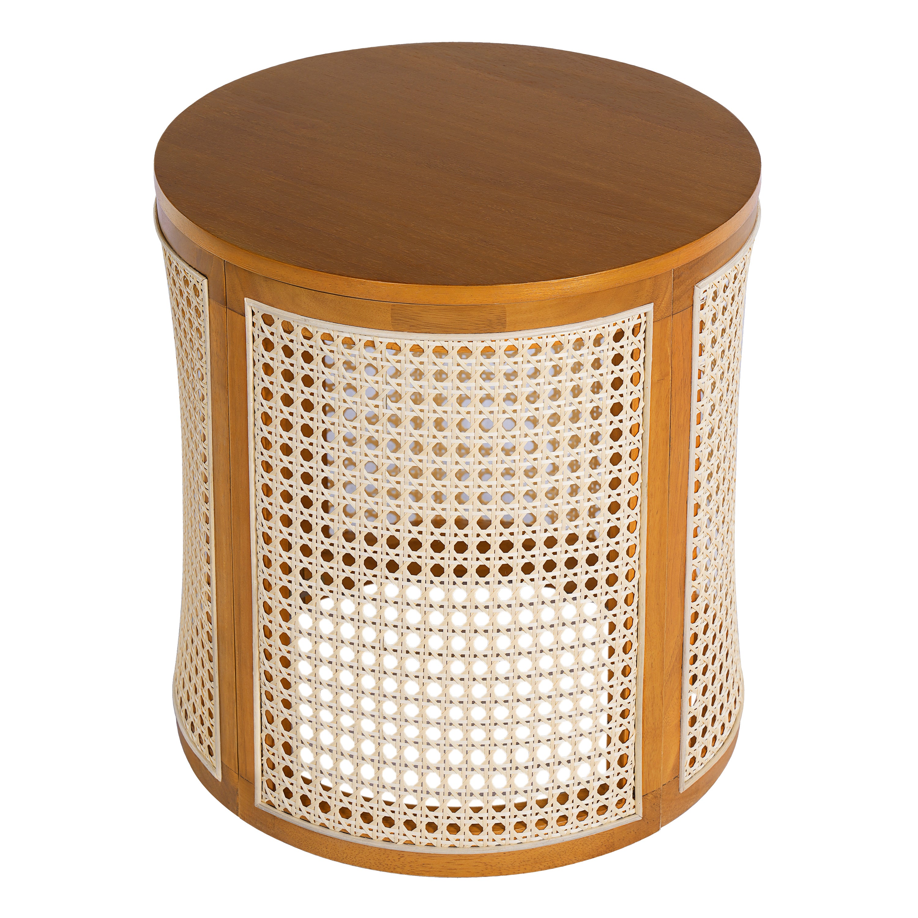 15.70' Round End Table, Hollow Woven Side Table, Small Rubber Wood Nightstand, Rattan Woven Tea Desk, Round Wood Tabletop, Chic Home Decor Desk, Easy Assembly, Ochre Color End Table
