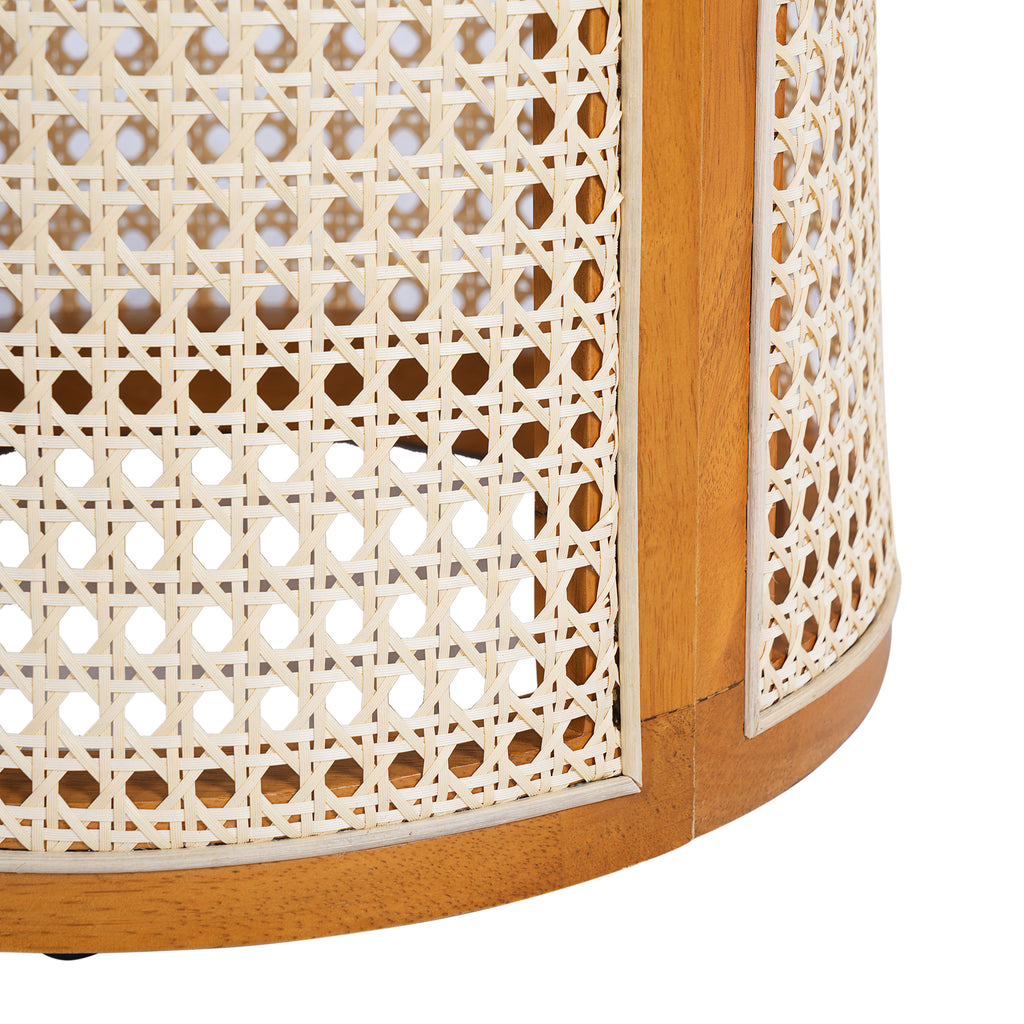 15.70' Round End Table, Hollow Woven Side Table, Small Rubber Wood Nightstand, Rattan Woven Tea Desk, Round Wood Tabletop, Chic Home Decor Desk, Easy Assembly, Ochre Color End Table