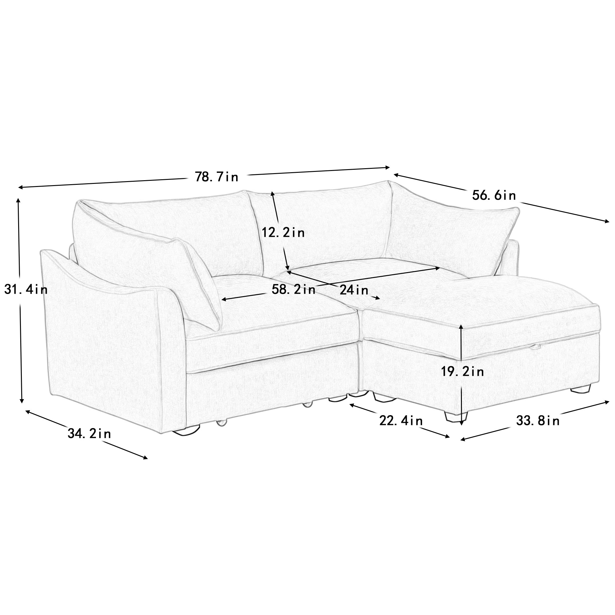 2 Seater Sofa With Footrest , 2-Seat Sofa with 1 Movable Ottoman, ,Soft, Comfortable, Wide and Deep Seat, Pull out Storage Drawer Under Each Seat,Chenille Color Wheat