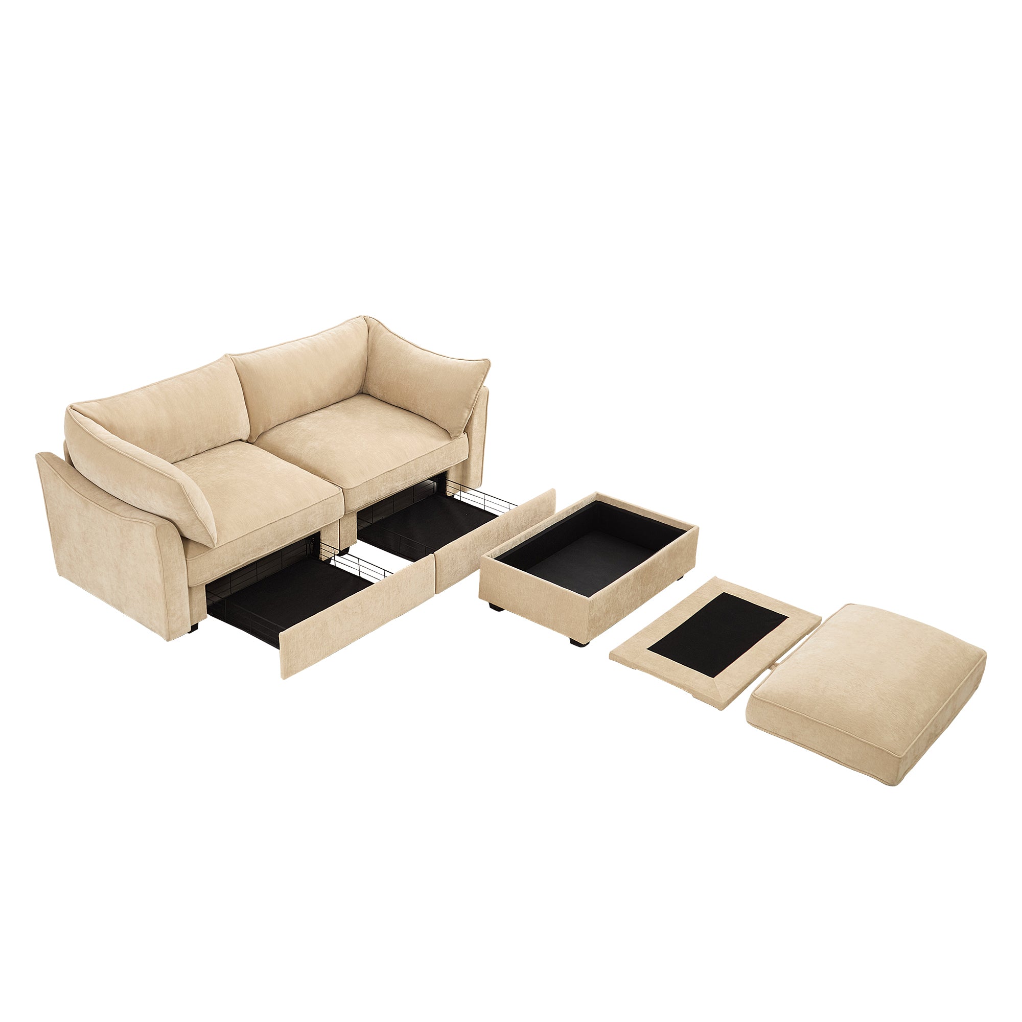 2 Seater Sofa With Footrest , 2-Seat Sofa with 1 Movable Ottoman, ,Soft, Comfortable, Wide and Deep Seat, Pull out Storage Drawer Under Each Seat,Chenille Color Wheat