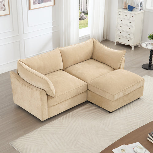 Elegant 2-Seat Chenille Sofa with Ottoman in Wheat.