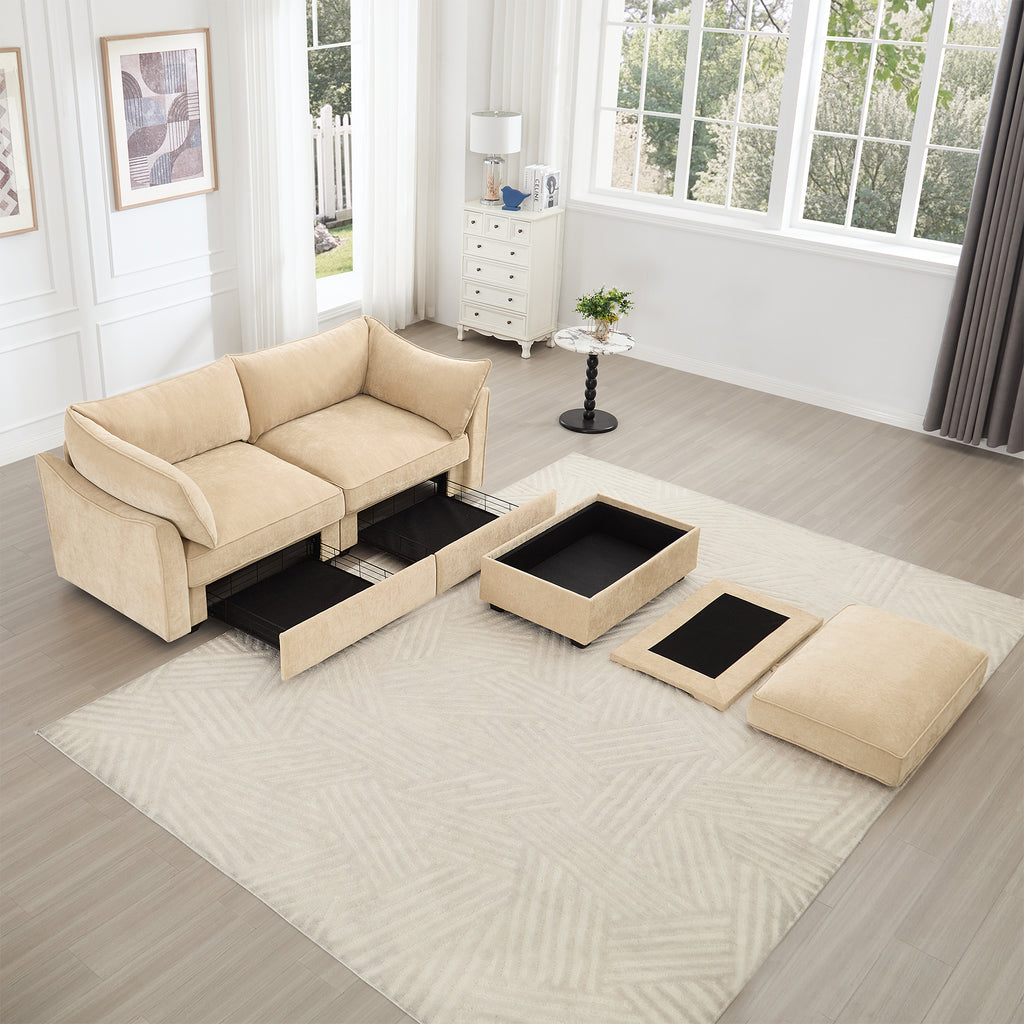 2 Seater Sofa With Footrest , 2-Seat Sofa with 1 Movable Ottoman, ,Soft, Comfortable, Wide and Deep Seat, Pull out Storage Drawer Under Each Seat,Chenille Color Wheat