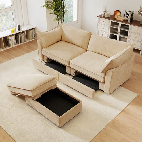Elegant 2-Seat Chenille Sofa with Ottoman in Wheat.