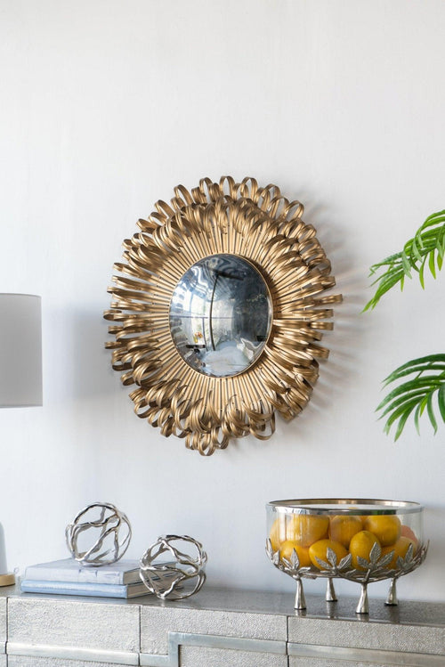 Elegant 27 Inch Sunburst Wall Mirror in Golden Iron Finish.
