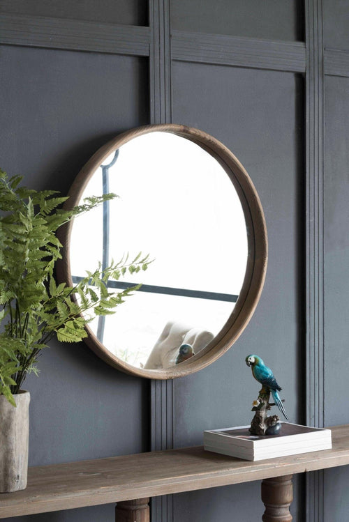 Elegant 28 Inch Round Brown Wood Wall Mounted Mirror.