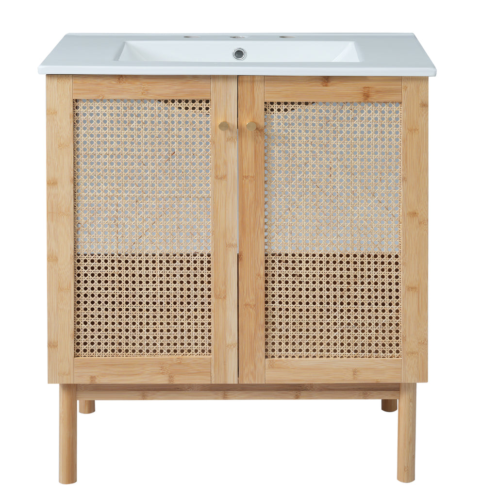 30-inch bathroom vanity crafted from natural materials, featuring handmade rattan doors and soft-closing mechanisms