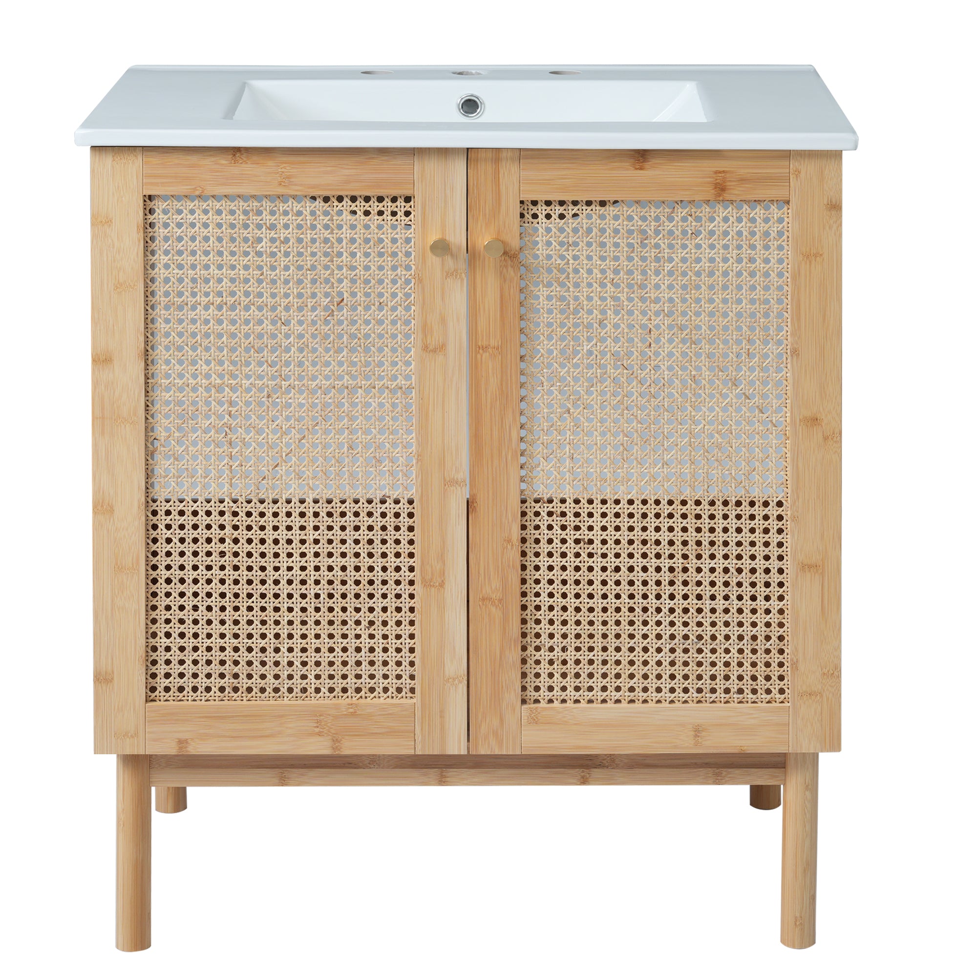 30-inch bathroom vanity crafted from natural materials, featuring handmade rattan doors and soft-closing mechanisms