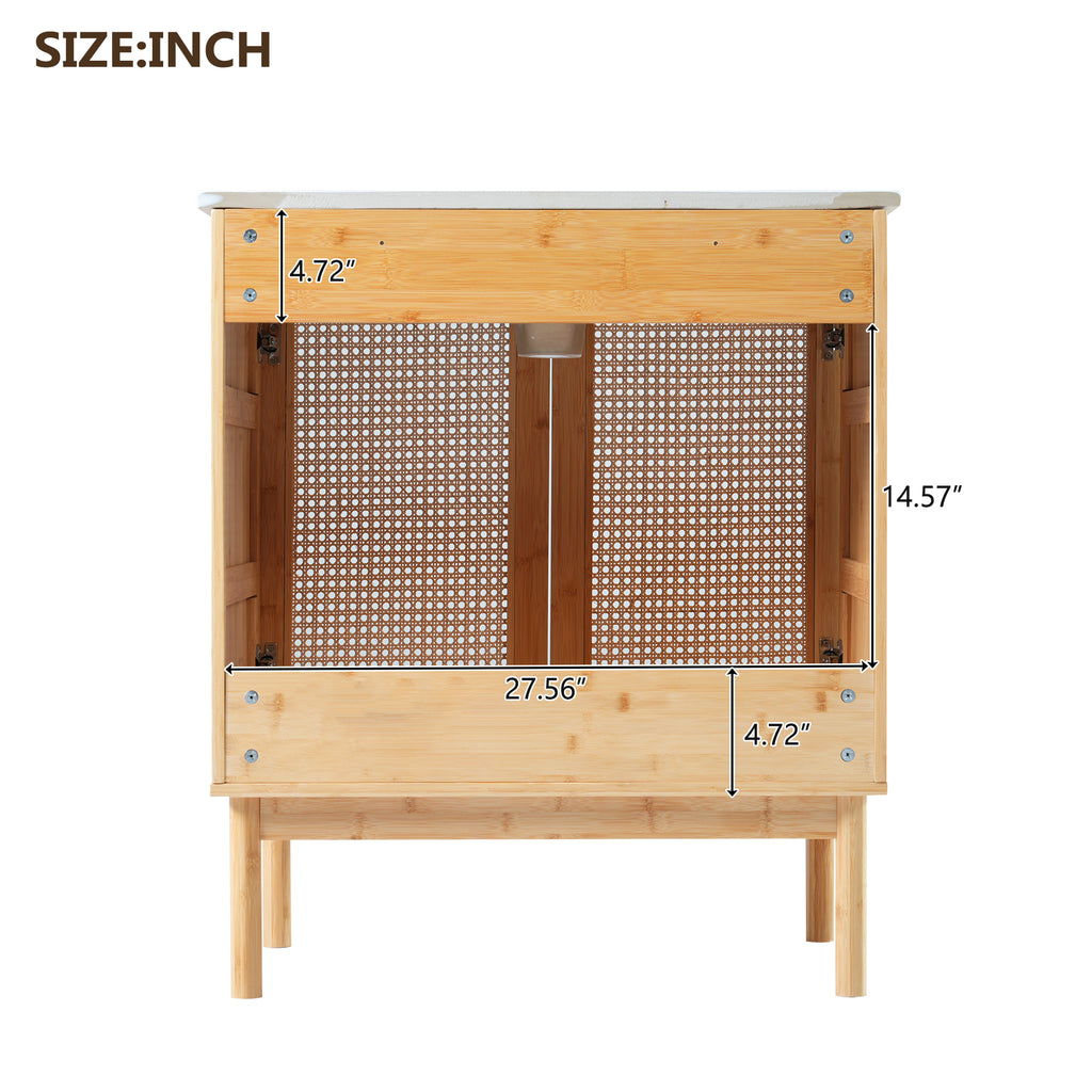 30-inch bathroom vanity crafted from natural materials, featuring handmade rattan doors and soft-closing mechanisms