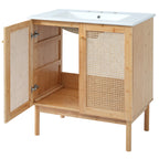 30-inch bathroom vanity crafted from natural materials, featuring handmade rattan doors and soft-closing mechanisms