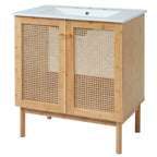 30-inch bathroom vanity crafted from natural materials, featuring handmade rattan doors and soft-closing mechanisms