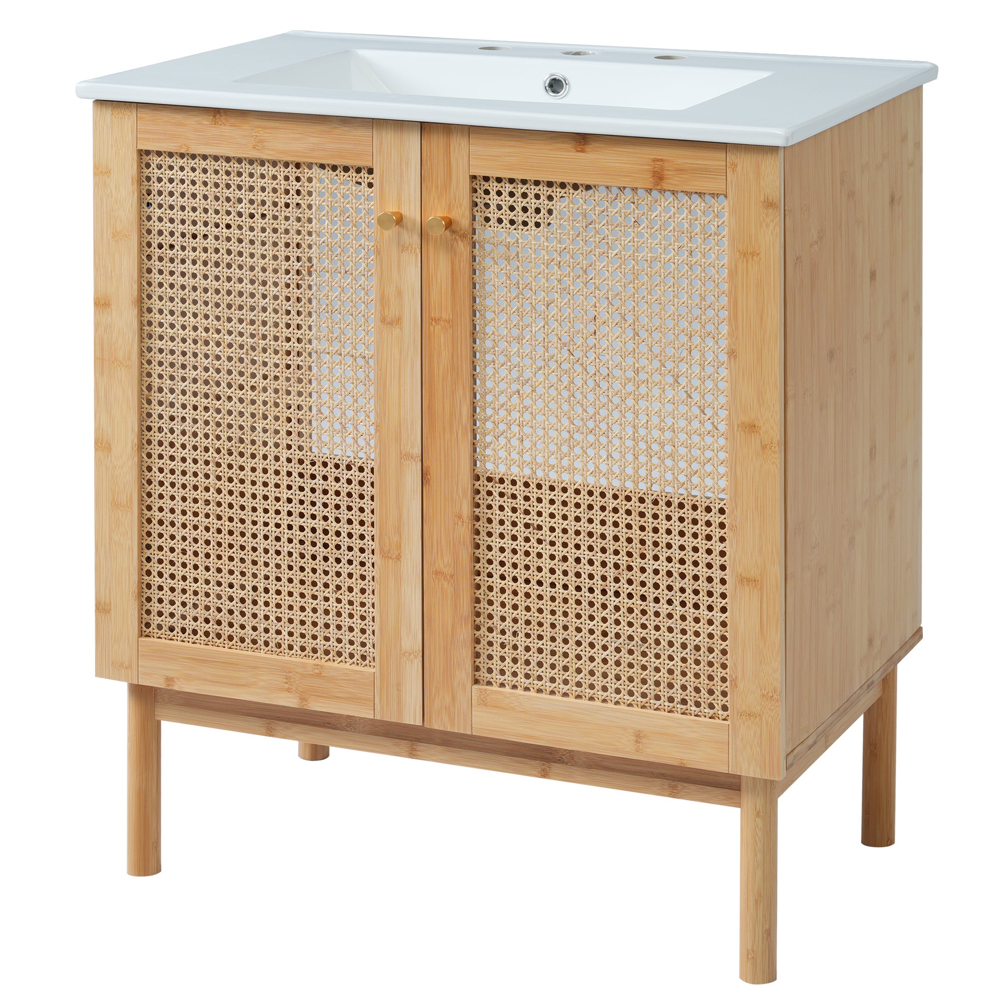 30-inch bathroom vanity crafted from natural materials, featuring handmade rattan doors and soft-closing mechanisms