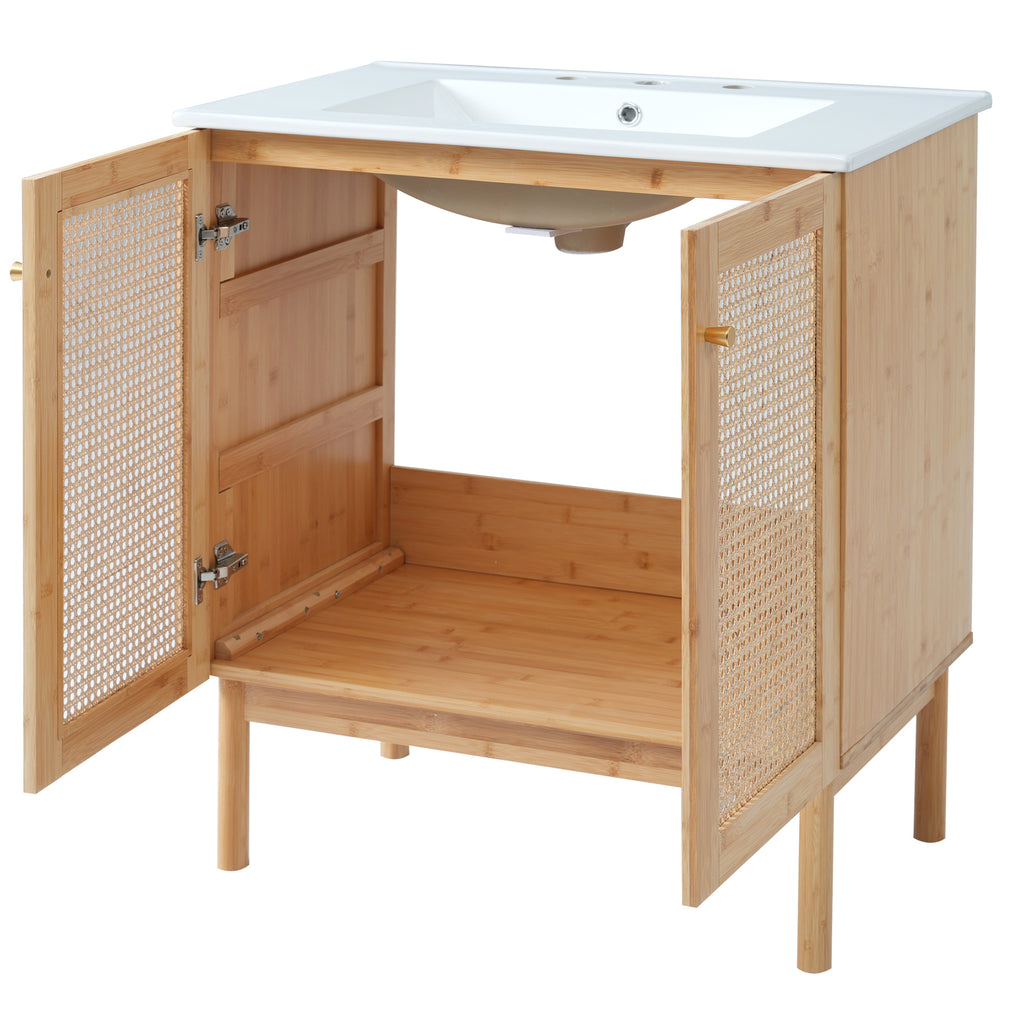 30-inch bathroom vanity crafted from natural materials, featuring handmade rattan doors and soft-closing mechanisms