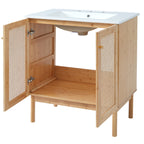 30-inch bathroom vanity crafted from natural materials, featuring handmade rattan doors and soft-closing mechanisms