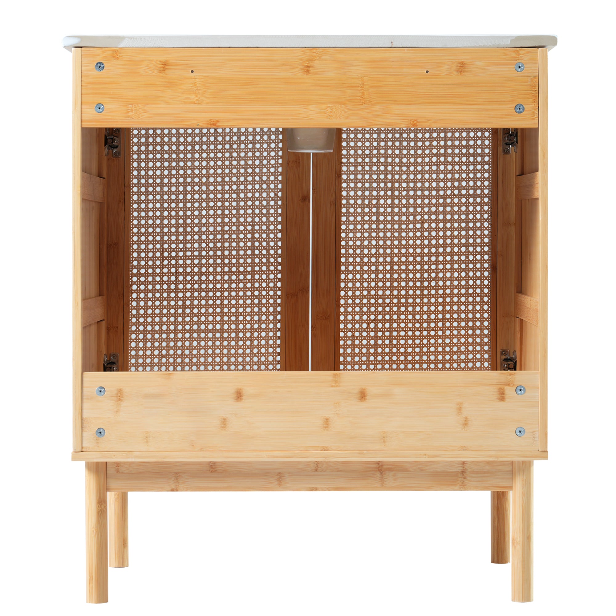 30-inch bathroom vanity crafted from natural materials, featuring handmade rattan doors and soft-closing mechanisms