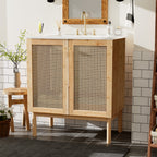 30-inch bathroom vanity crafted from natural materials, featuring handmade rattan doors and soft-closing mechanisms
