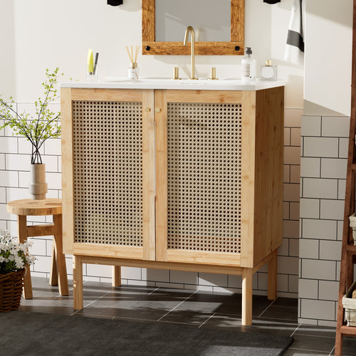 Elegant 30-Inch Wood Bathroom Vanity With Rattan Doors.